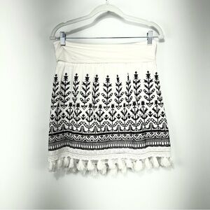 Tribal Jeans Skirt Medium Boho Cottagecore Hippie Tassel Lace Floral Crochet